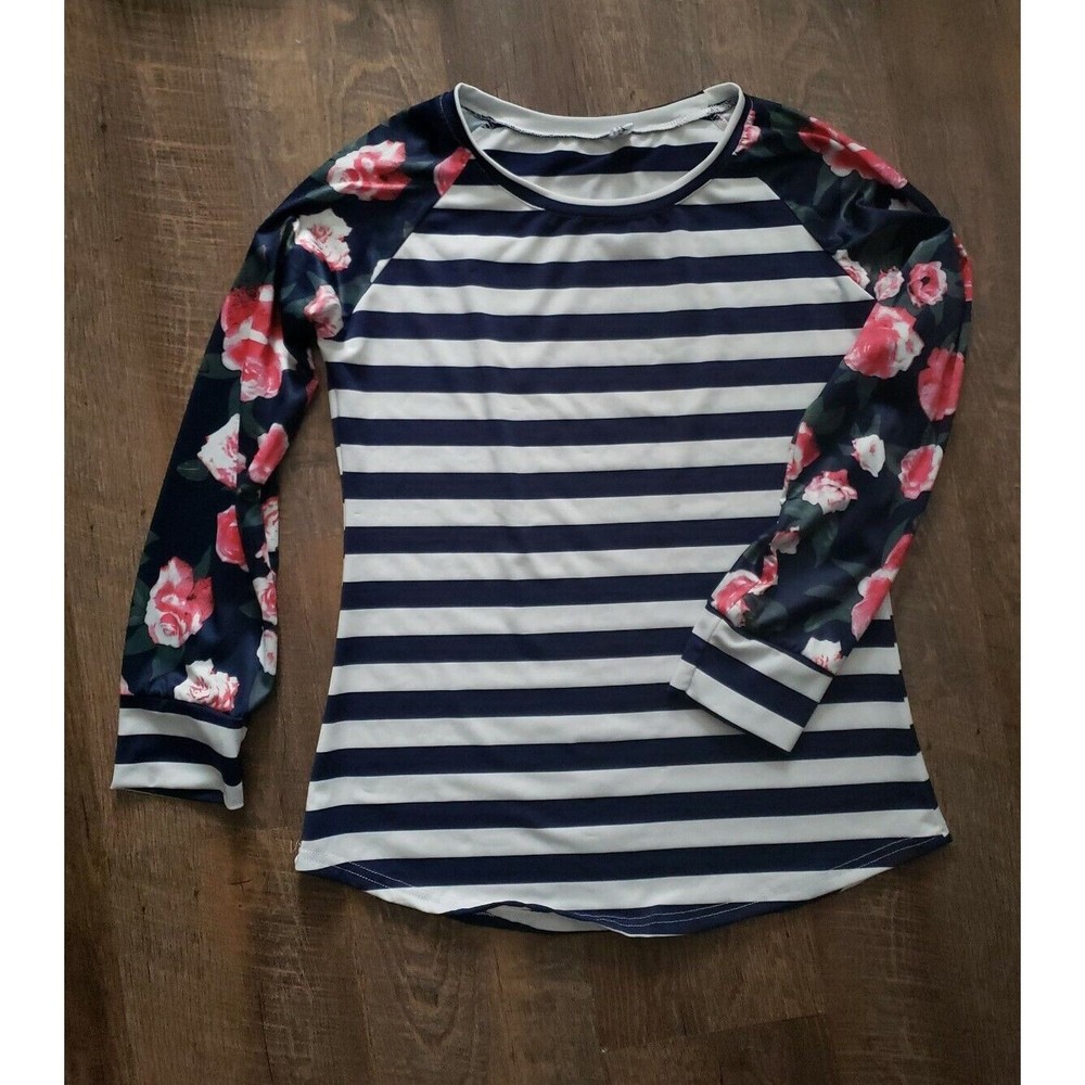Womens Striped Floral Silky Everyday Long Sleeve, L